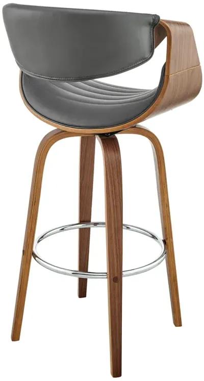 Arya 30" Swivel Bar Stool in Gray Faux Leather and Walnut Wood