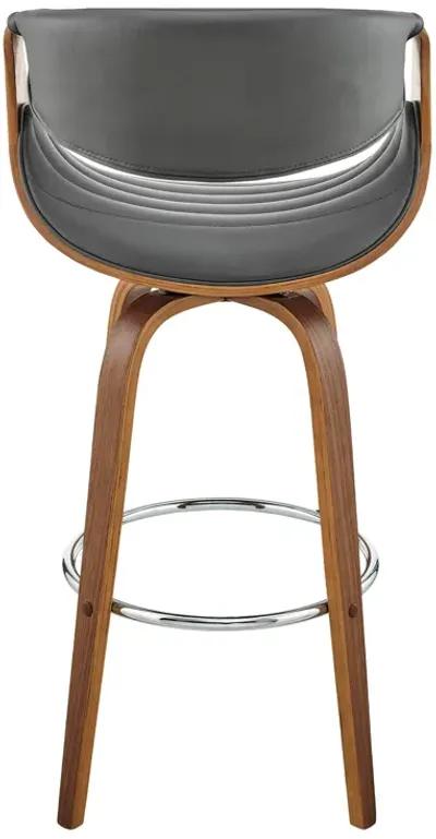 Arya 30" Swivel Bar Stool in Gray Faux Leather and Walnut Wood