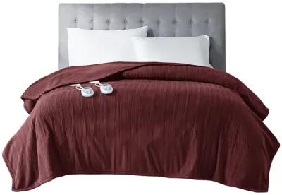 Serta Ribbed Micro Fleece Burgundy Heated Blanket