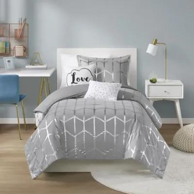 Intelligent Design Raina Grey/Silver Metallic Printed Duvet Cover Set