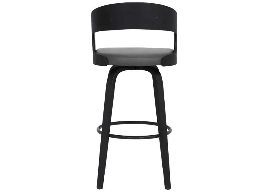 Shelly 30" Bar Height Swivel Grey Faux Leather and Black Wood Bar Stool