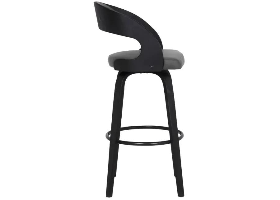 Shelly 30" Bar Height Swivel Grey Faux Leather and Black Wood Bar Stool