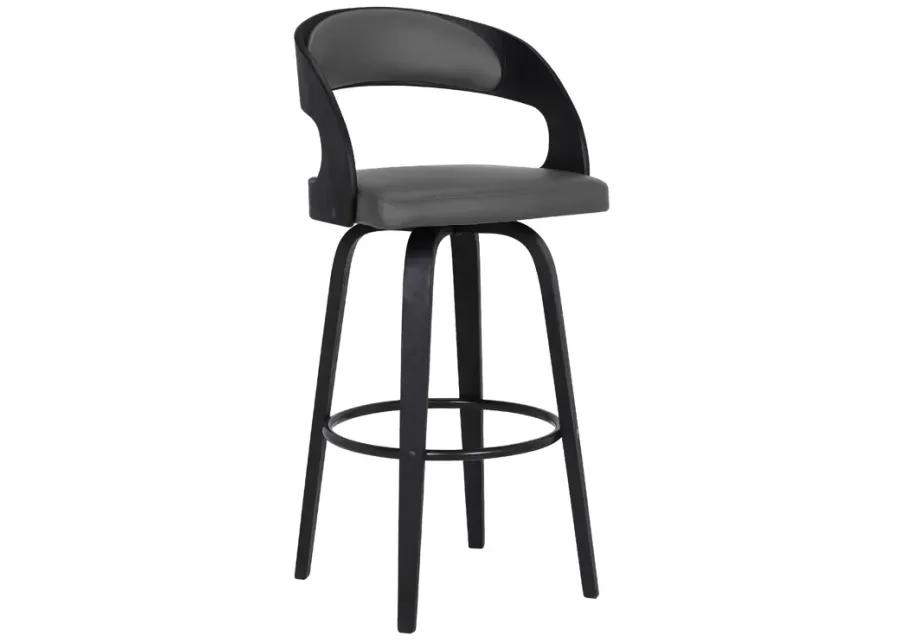 Shelly 30" Bar Height Swivel Grey Faux Leather and Black Wood Bar Stool