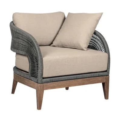 Orbit Outdoor Patio 4 Piece Conversation Set in Weathered Eucalyptus Wood with Gray Rope and Taupe Olefin Cushions