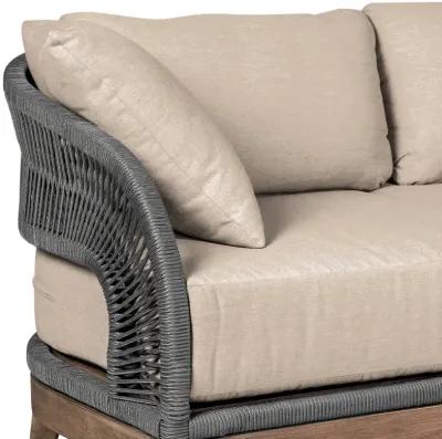 Orbit Outdoor Patio 4 Piece Conversation Set in Weathered Eucalyptus Wood with Gray Rope and Taupe Olefin Cushions