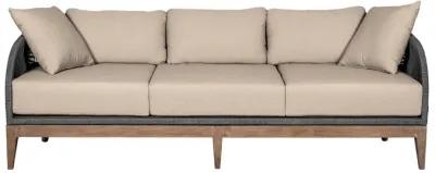 Orbit Outdoor Patio 4 Piece Conversation Set in Weathered Eucalyptus Wood with Gray Rope and Taupe Olefin Cushions