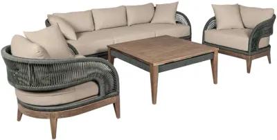 Orbit Outdoor Patio 4 Piece Conversation Set in Weathered Eucalyptus Wood with Gray Rope and Taupe Olefin Cushions