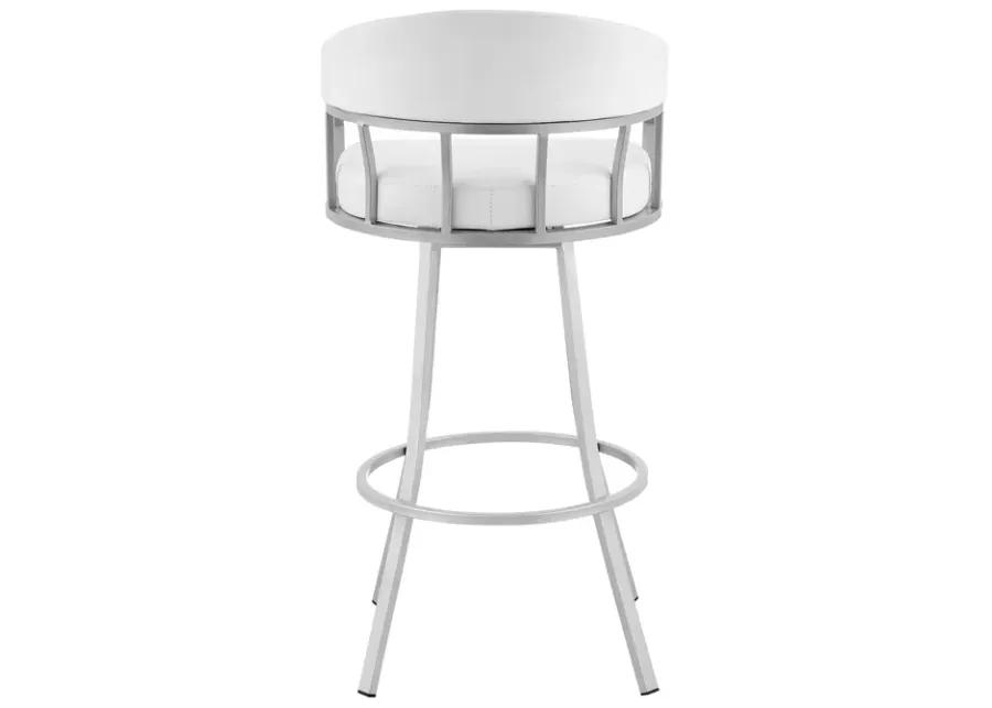 Valerie 30" Swivel White Faux Leather and Silver Metal Bar Stool