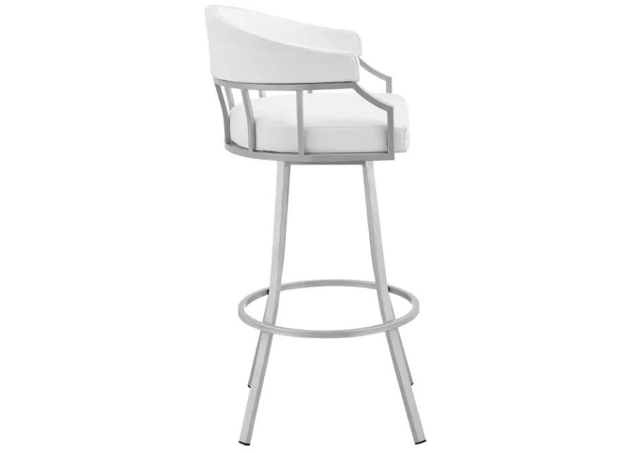 Valerie 30" Swivel White Faux Leather and Silver Metal Bar Stool