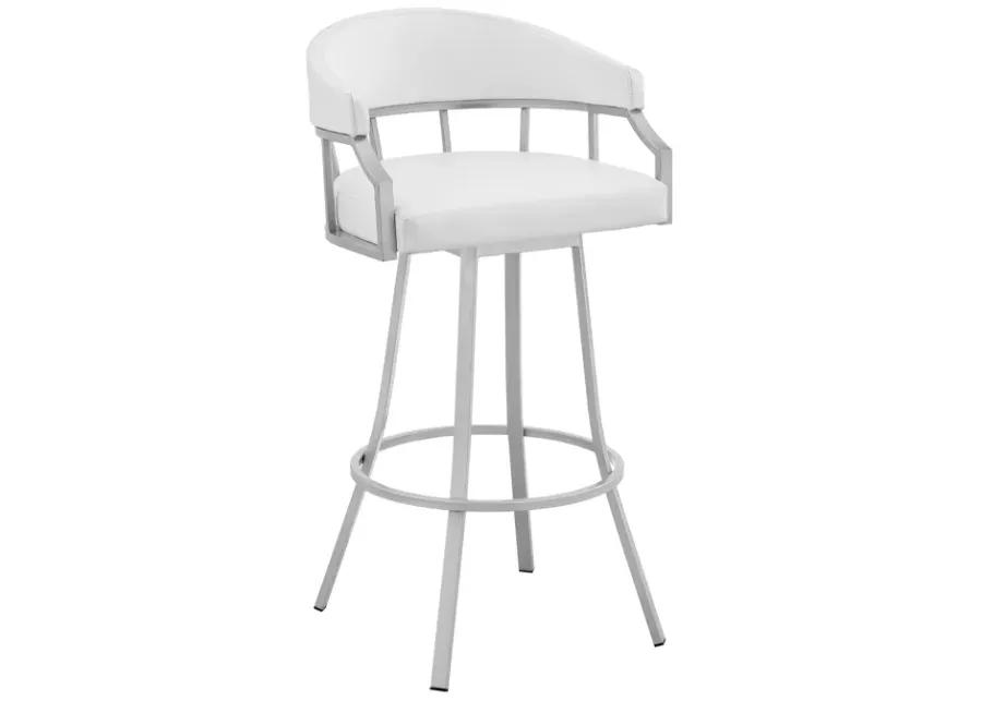 Valerie 30" Swivel White Faux Leather and Silver Metal Bar Stool