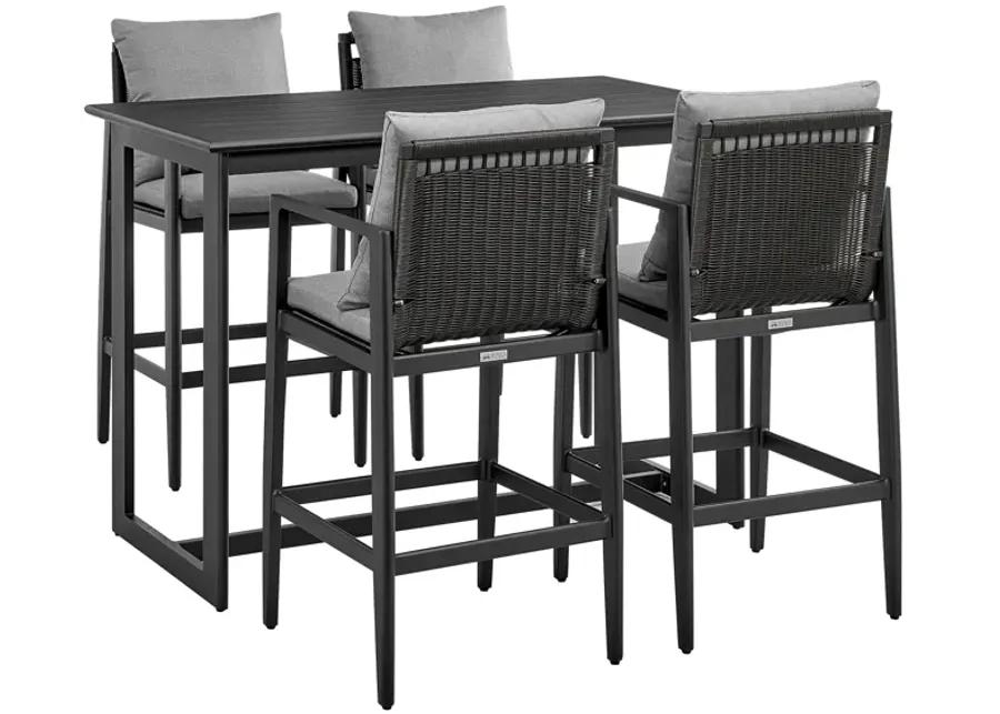 Grand Outdoor Patio 5-Piece Bar Table Set in Aluminum with Gray Cushions