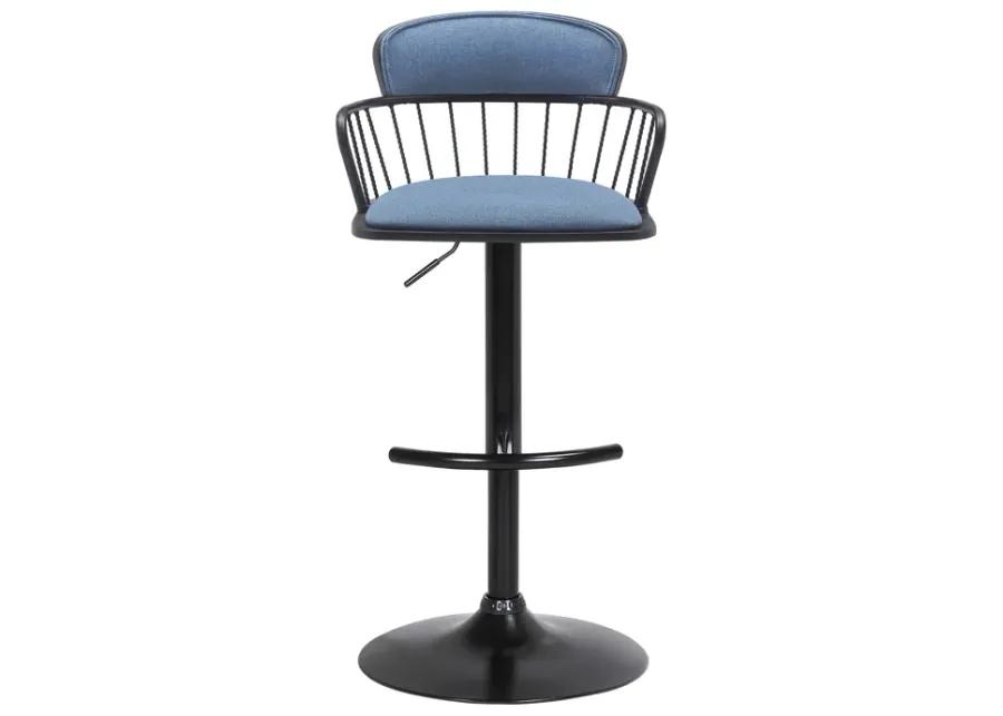 Nash Adjustable Black Wood Bar Stool in Blue Fabric with Black Metal