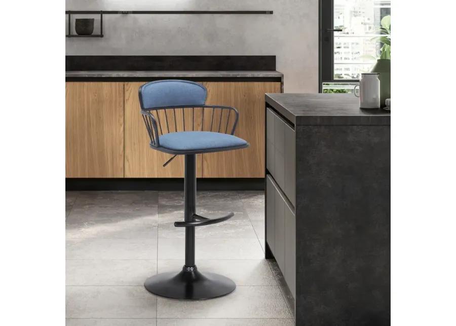 Nash Adjustable Black Wood Bar Stool in Blue Fabric with Black Metal