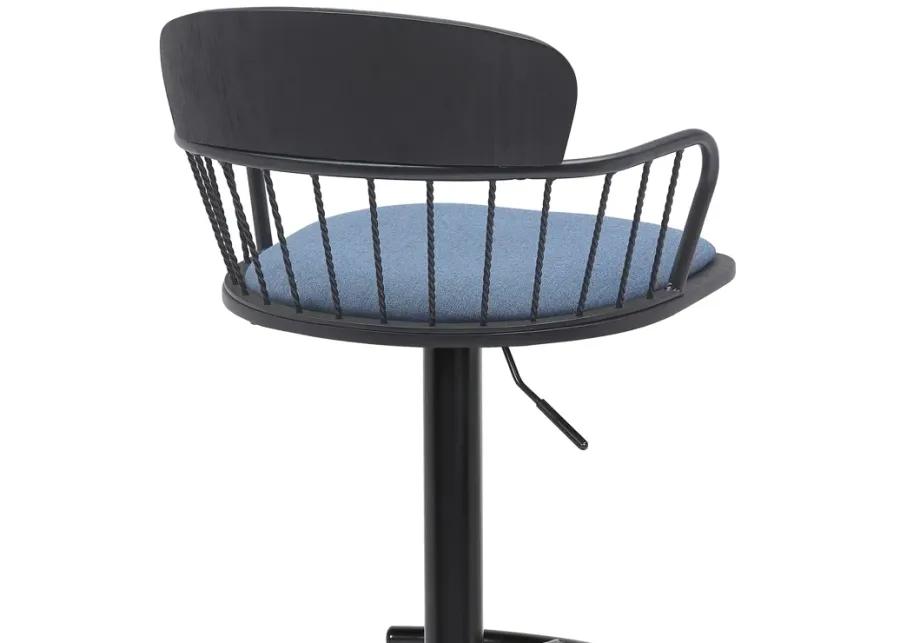 Nash Adjustable Black Wood Bar Stool in Blue Fabric with Black Metal