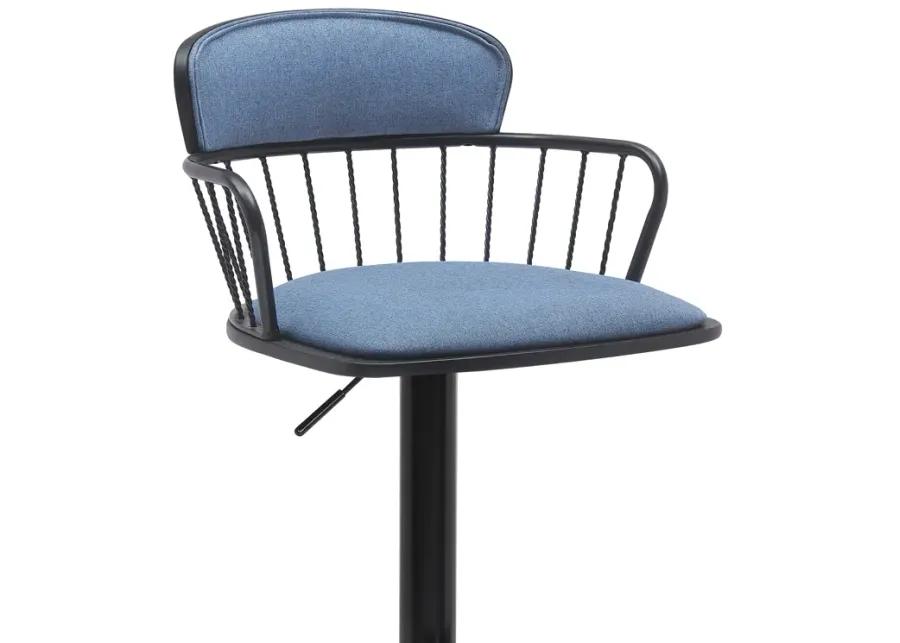 Nash Adjustable Black Wood Bar Stool in Blue Fabric with Black Metal