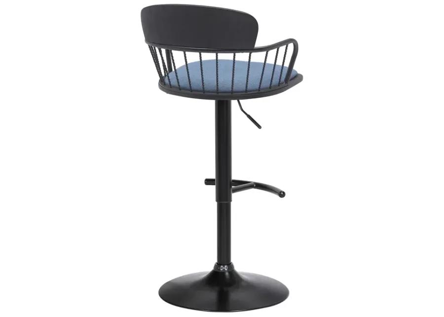 Nash Adjustable Black Wood Bar Stool in Blue Fabric with Black Metal