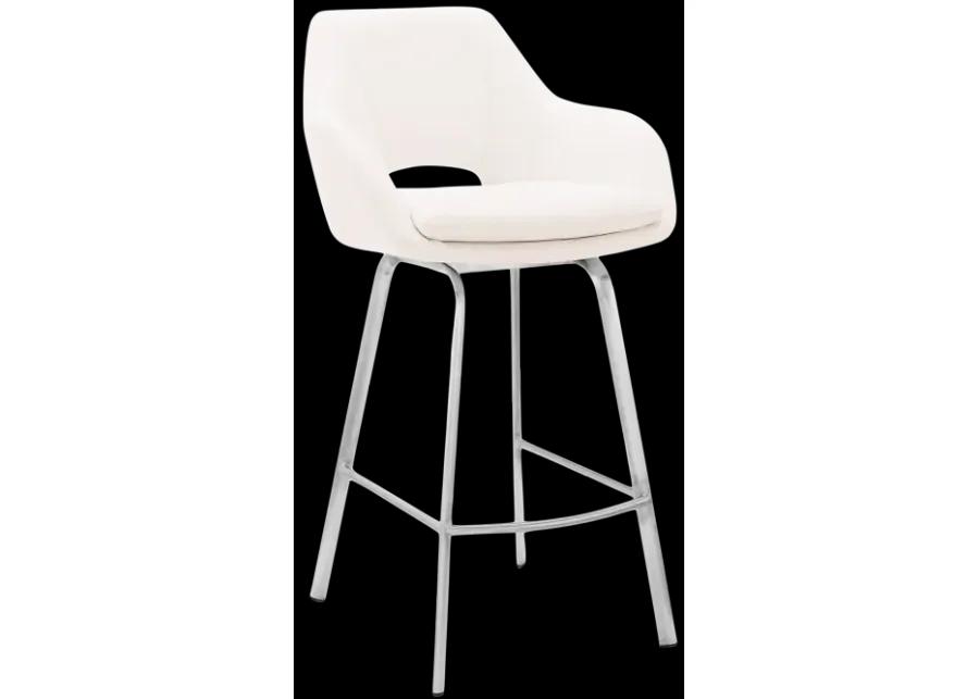 Aura White Faux Leather and Brushed Stainless Steel Swivel 30" Bar Stool