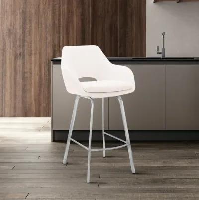 Aura White Faux Leather and Brushed Stainless Steel Swivel 30" Bar Stool