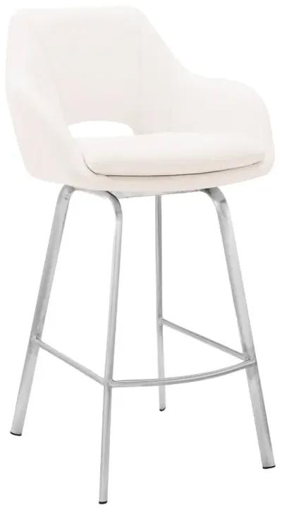 Aura White Faux Leather and Brushed Stainless Steel Swivel 30" Bar Stool