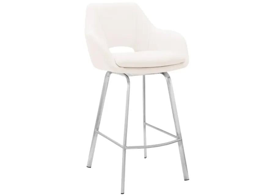 Aura White Faux Leather and Brushed Stainless Steel Swivel 30" Bar Stool