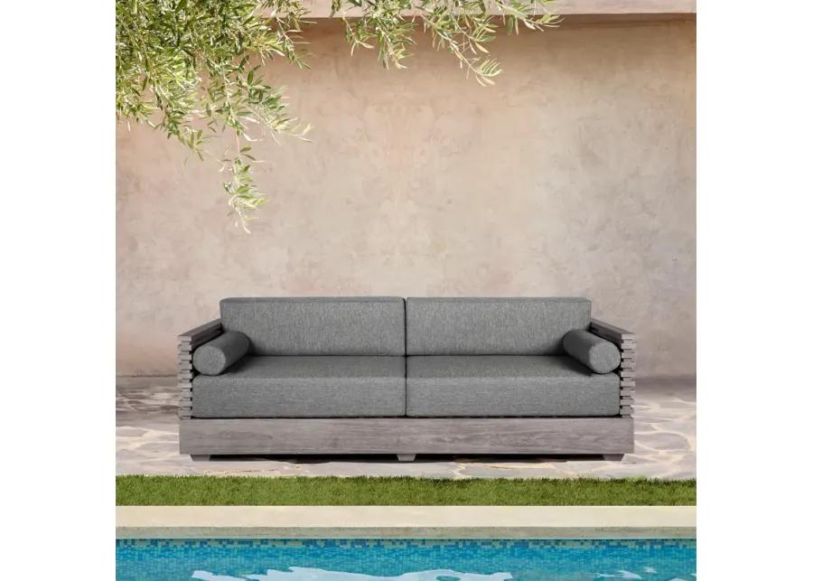 Vivid Outdoor Patio Sofa in Gray Eucalyptus Wood with Gray Olefin Cushions