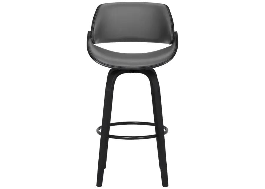 Mona 30" Bar Height Swivel Grey Faux Leather and Black Wood Bar Stool