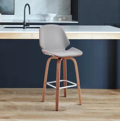 Arabela 26" Gray Faux Leather and Walnut Wood Swivel Bar Stool