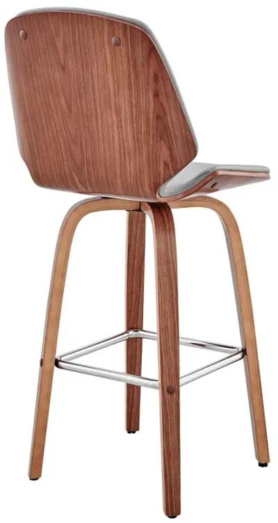 Arabela 26" Gray Faux Leather and Walnut Wood Swivel Bar Stool