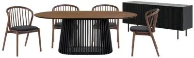 Pasadena Echo 6 Piece Oval Dining Set with Buffet in Black Finish with Walnut Finish Table Top and Chairs