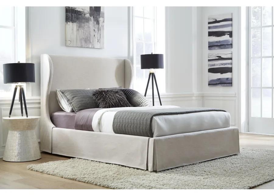 Hera King-Size Upholstered Skirted Storage Panel Bed in Oatmeal