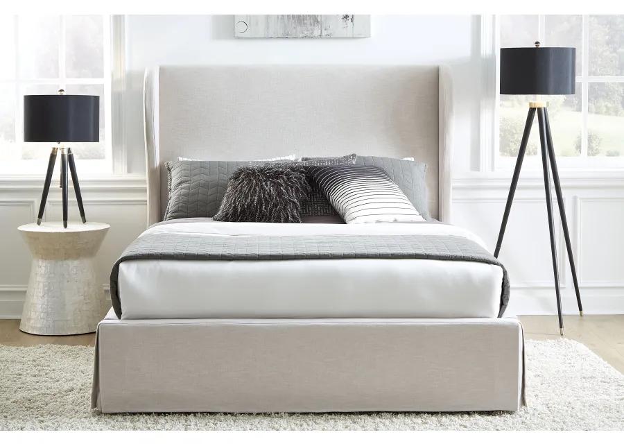 Hera King-Size Upholstered Skirted Storage Panel Bed in Oatmeal