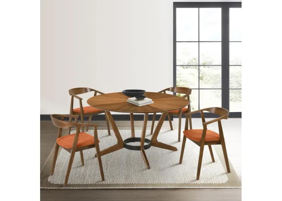 Santana 5 Piece Round Walnut Wood Dining Table Set with Orange Fabric