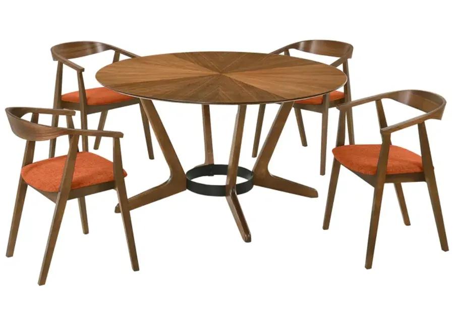 Santana 5 Piece Round Walnut Wood Dining Table Set with Orange Fabric