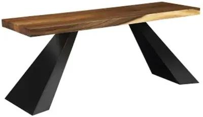 tapered wood console, black metal legs