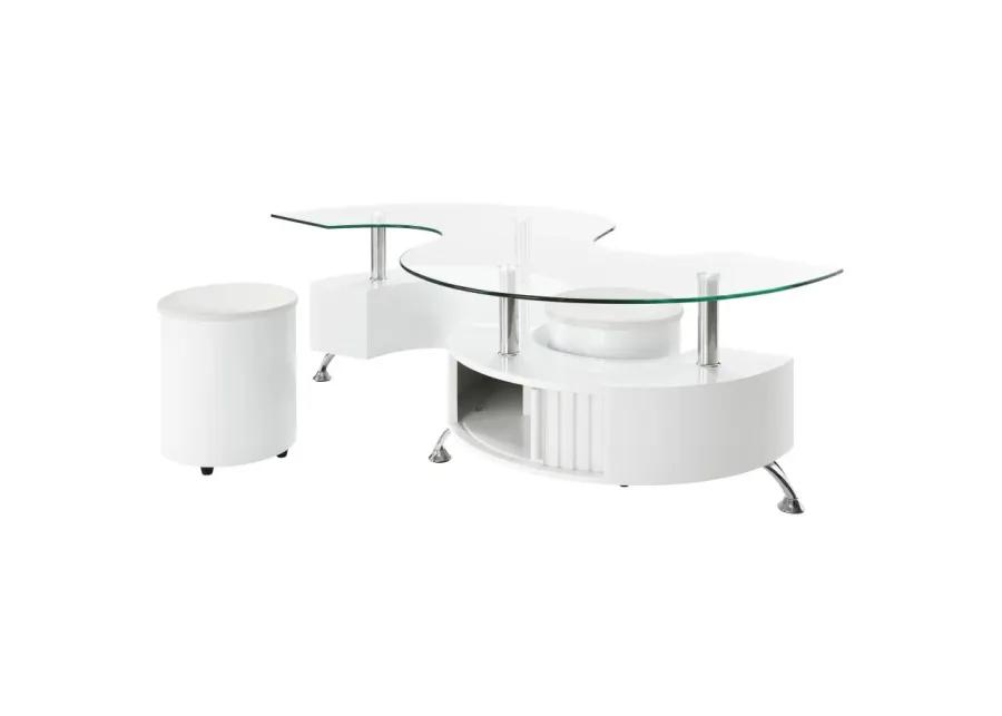 Buckley Curved Glass Top Coffee Table With Stools White High Gloss