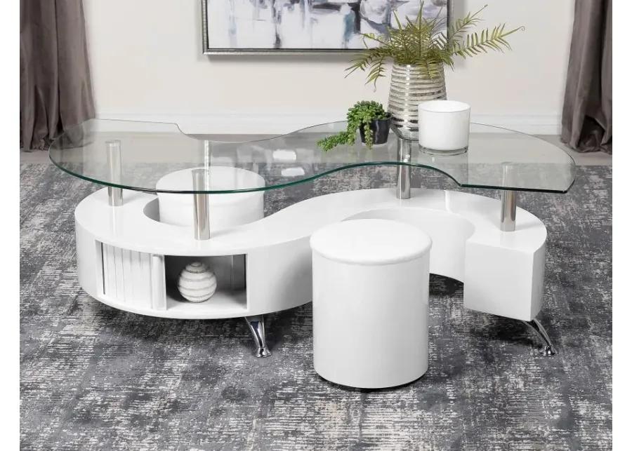 Buckley Curved Glass Top Coffee Table With Stools White High Gloss