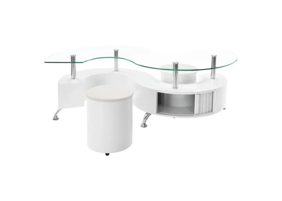 Buckley Curved Glass Top Coffee Table With Stools White High Gloss