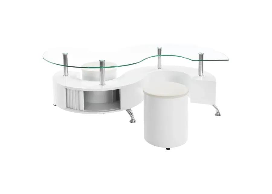 Buckley Curved Glass Top Coffee Table With Stools White High Gloss