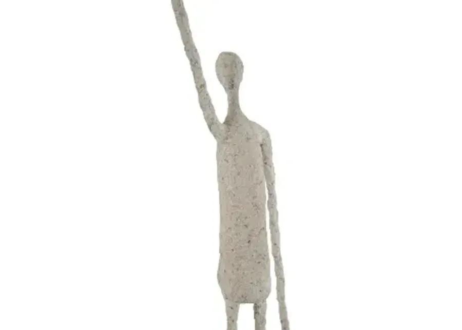 human sculpture, one arm up, paper mache