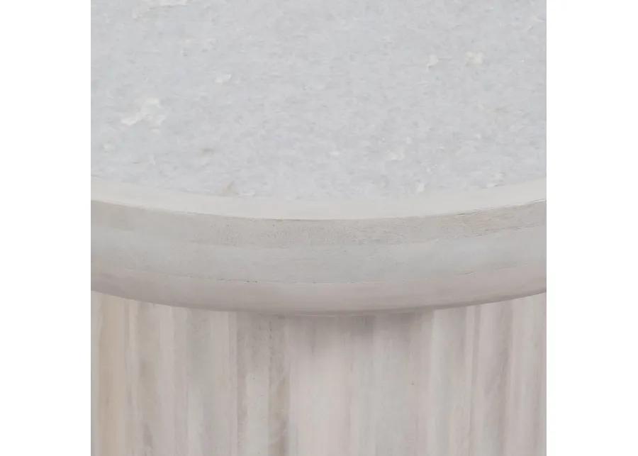 30" Carved Wood Base Marble Top, Whitewash