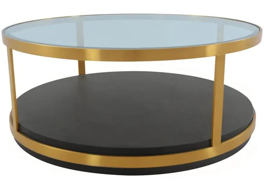 Hattie Glass Top and Walnut Wood Coffee Table with Brushed Gold Frame