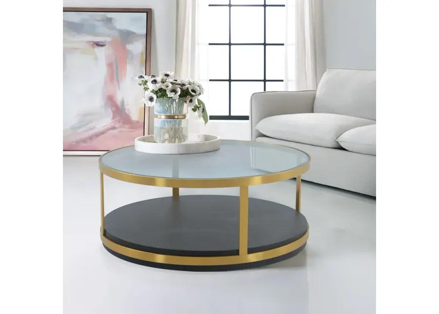 Hattie Glass Top and Walnut Wood Coffee Table with Brushed Gold Frame