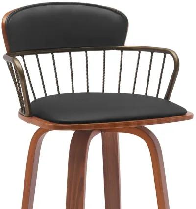 Willow 25.5" Swivel Walnut Wood Counter Stool in Black Faux Leather with Golden Bronze Metal