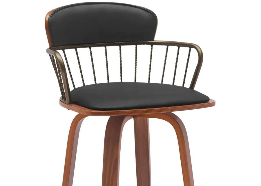 Willow 25.5" Swivel Walnut Wood Counter Stool in Black Faux Leather with Golden Bronze Metal