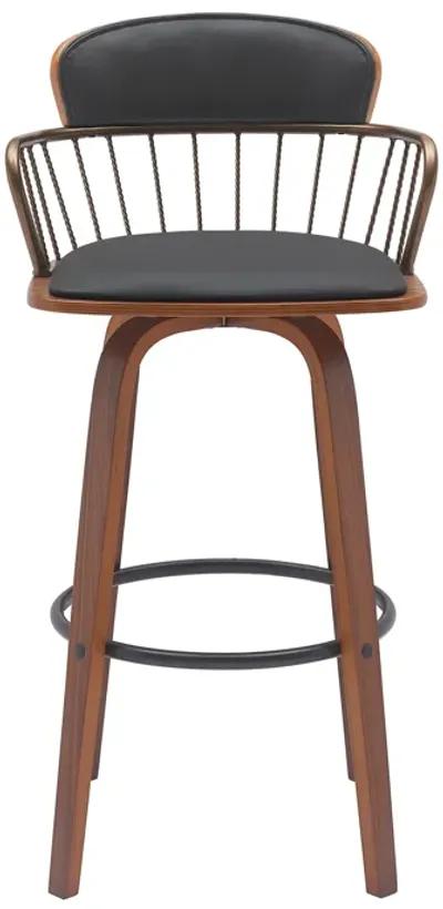 Willow 25.5" Swivel Walnut Wood Counter Stool in Black Faux Leather with Golden Bronze Metal