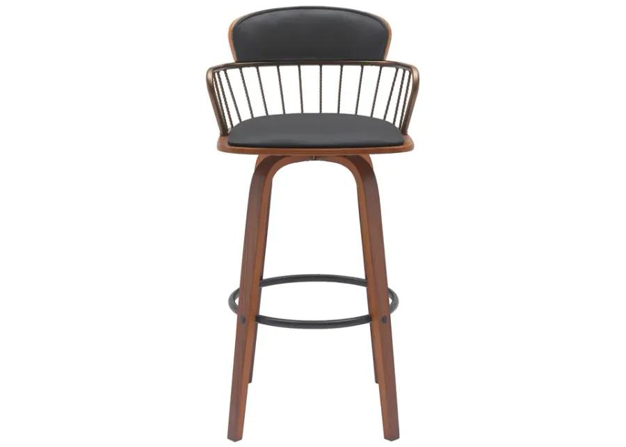 Willow 25.5" Swivel Walnut Wood Counter Stool in Black Faux Leather with Golden Bronze Metal