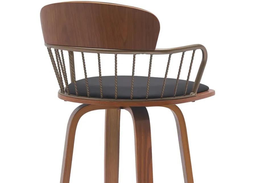 Willow 25.5" Swivel Walnut Wood Counter Stool in Black Faux Leather with Golden Bronze Metal