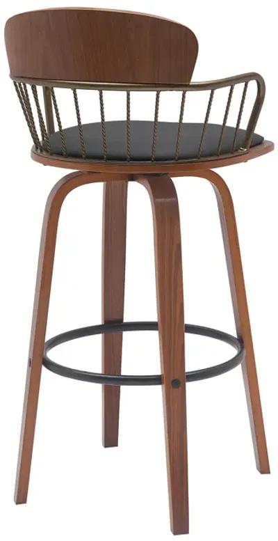 Willow 25.5" Swivel Walnut Wood Counter Stool in Black Faux Leather with Golden Bronze Metal