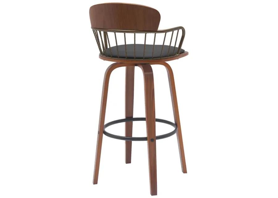 Willow 25.5" Swivel Walnut Wood Counter Stool in Black Faux Leather with Golden Bronze Metal