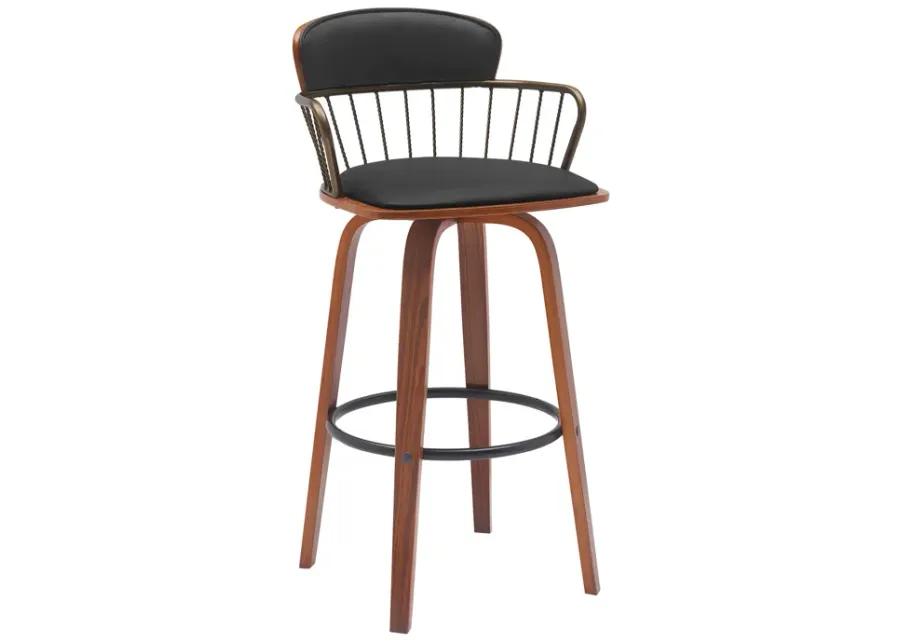 Willow 25.5" Swivel Walnut Wood Counter Stool in Black Faux Leather with Golden Bronze Metal